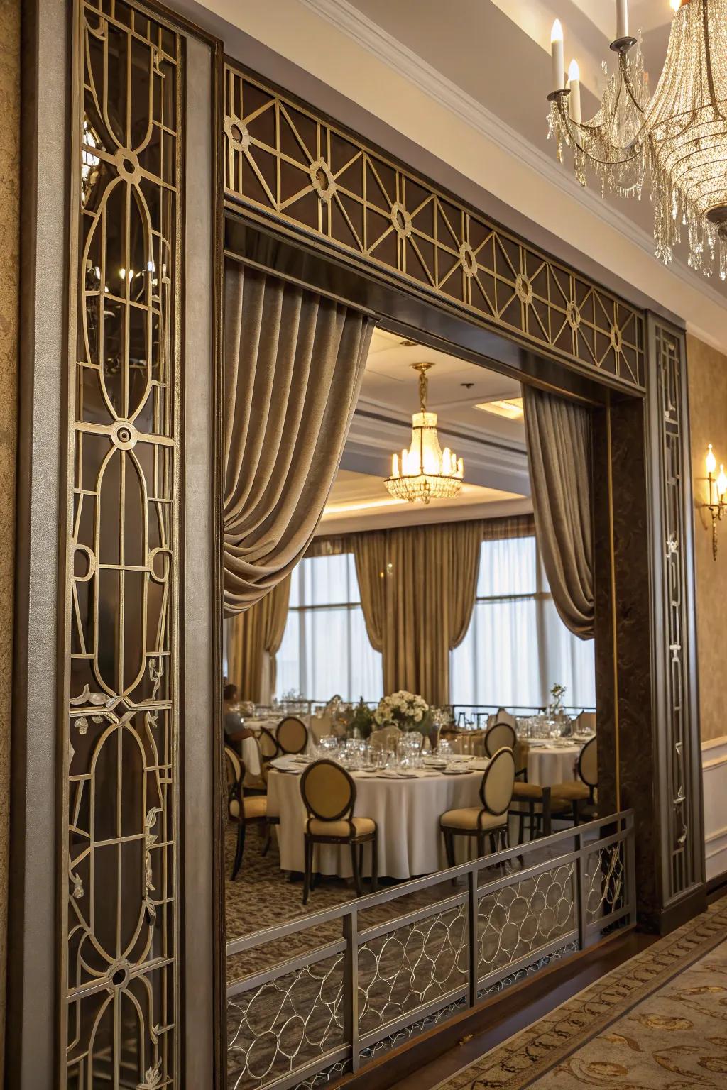 A window with an Art Deco-inspired valance in a glamorous dining room.