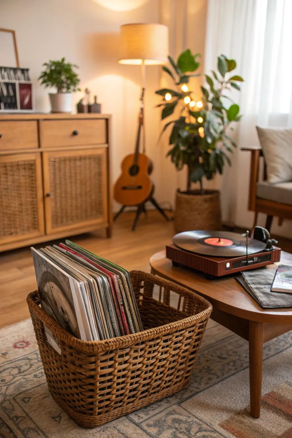 A vintage vinyl collection basket for music enthusiasts.