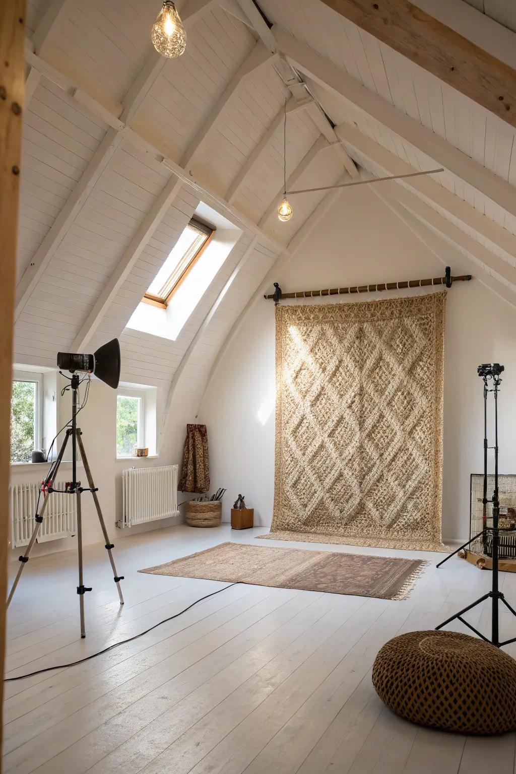 Studio with vaulted ceiling and woven textile accent wall