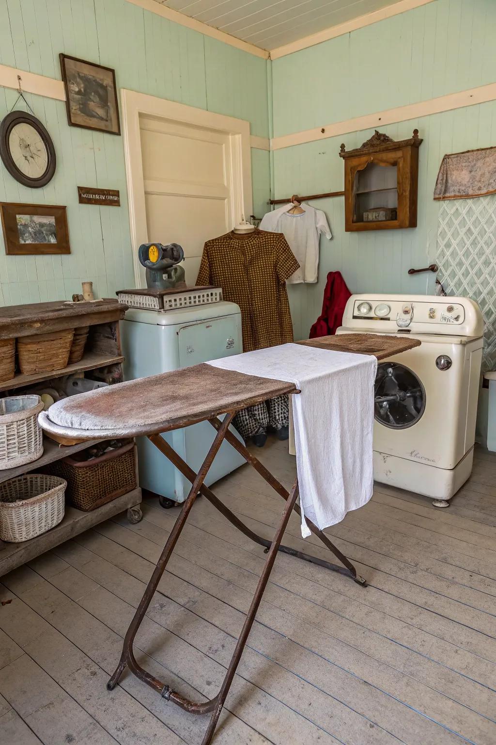 An antique ironing board that adds character and utility.