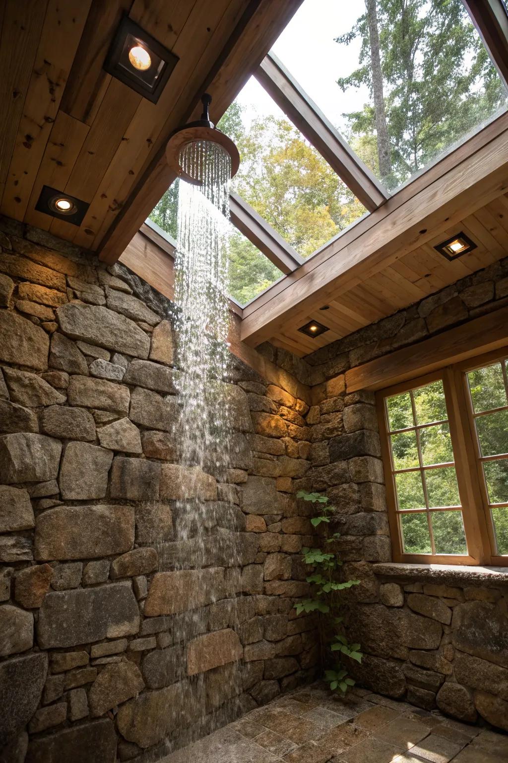 Shower with skylights and stone walls.