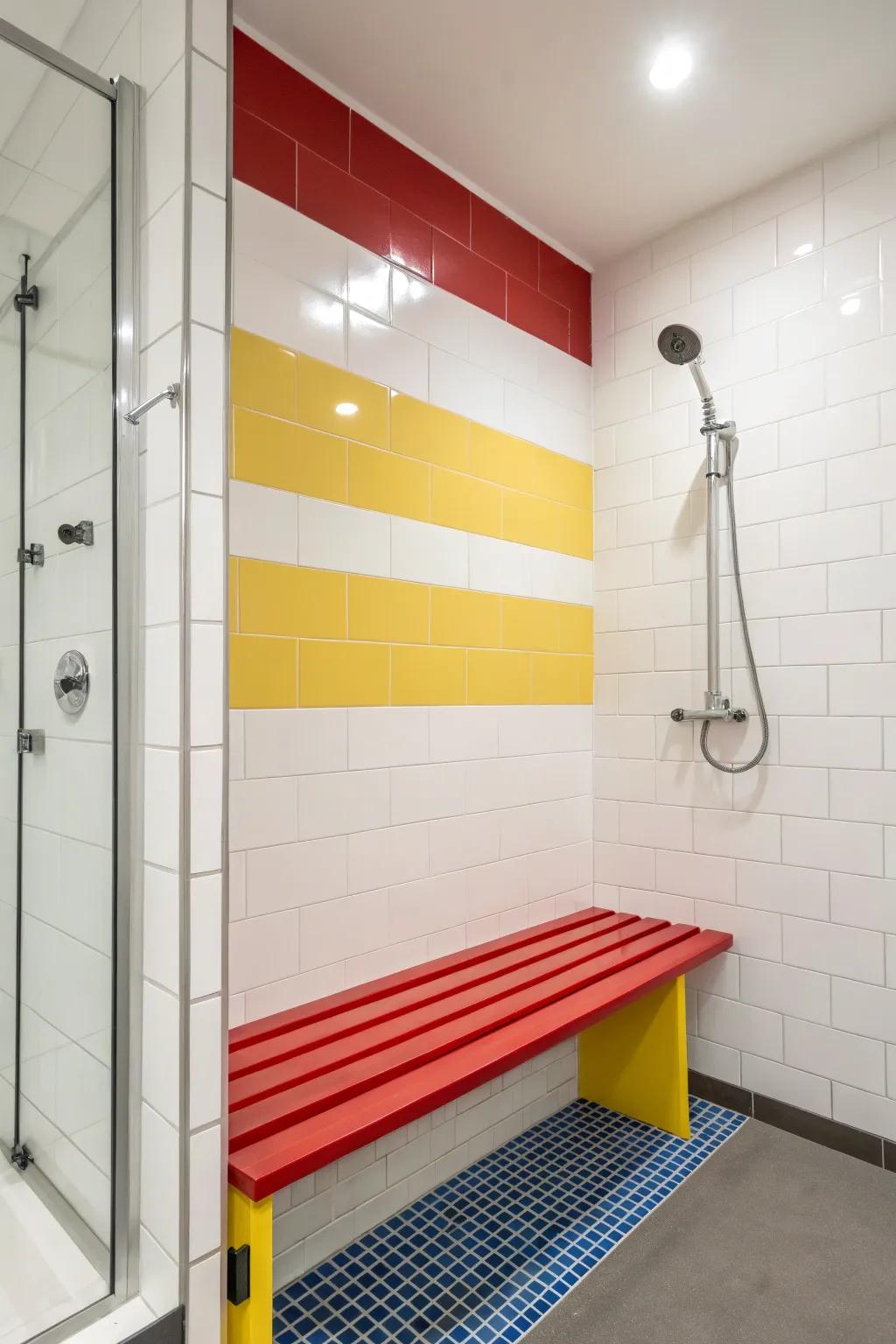 A contrasting color bench serves as a striking focal point in the shower.