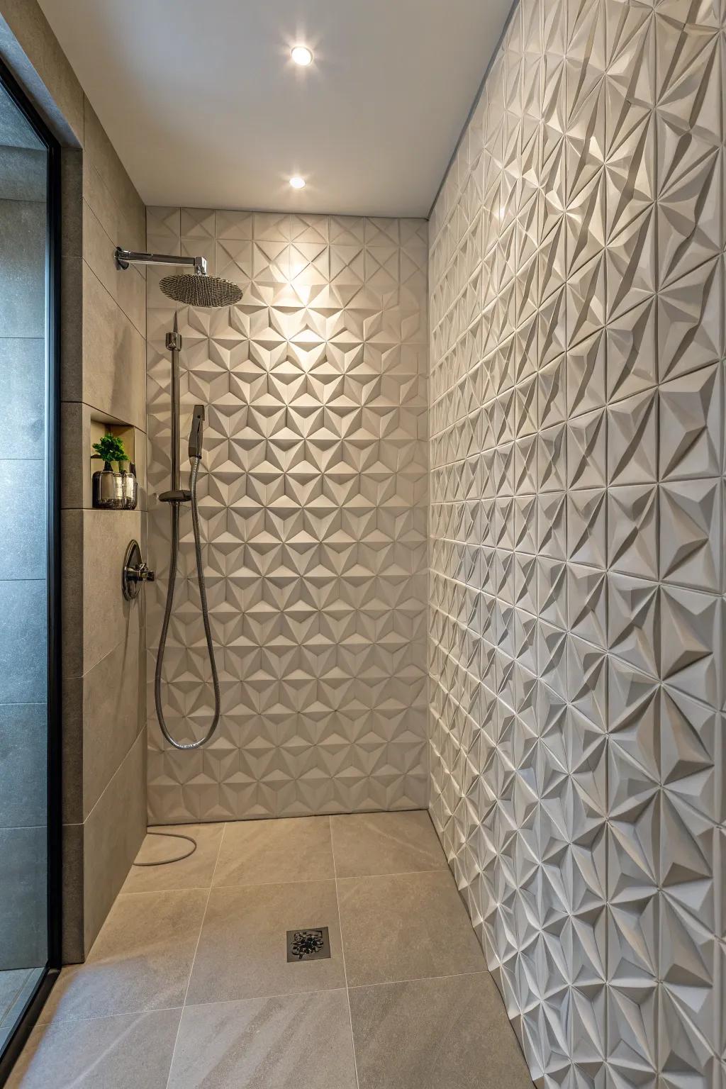 Sculptural tiles add depth and artistic flair to your shower.