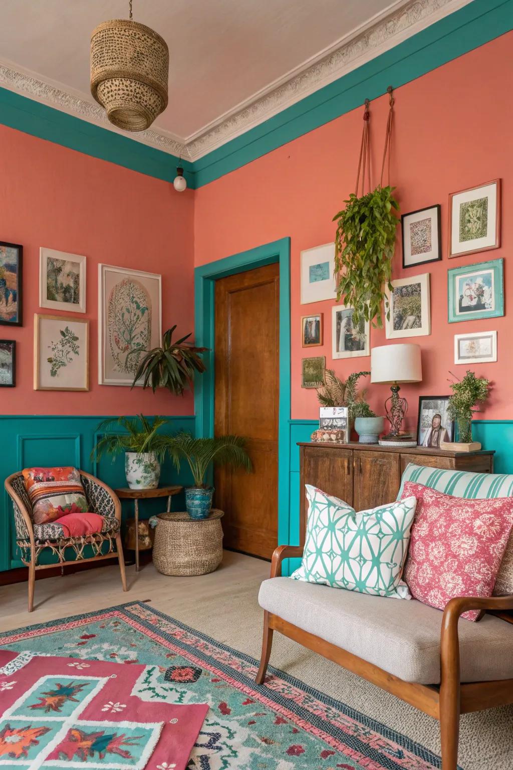 Bold and colorful with coral walls and teal trim.