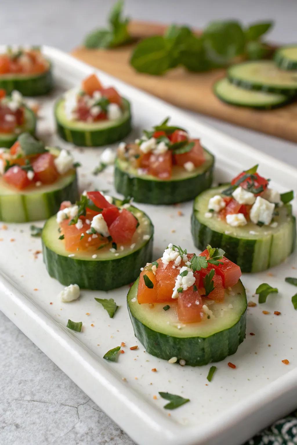 Refreshing cucumber bites topped with a variety of delicious spreads.