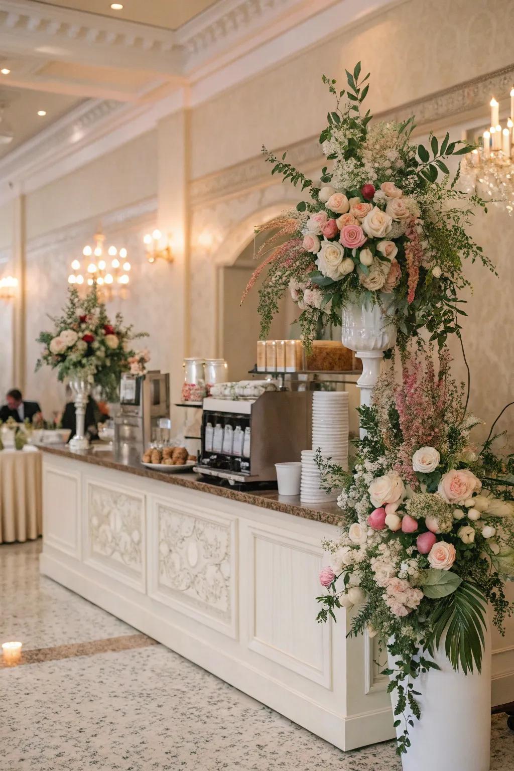 Floral arrangements adding elegance to a wedding coffee bar.