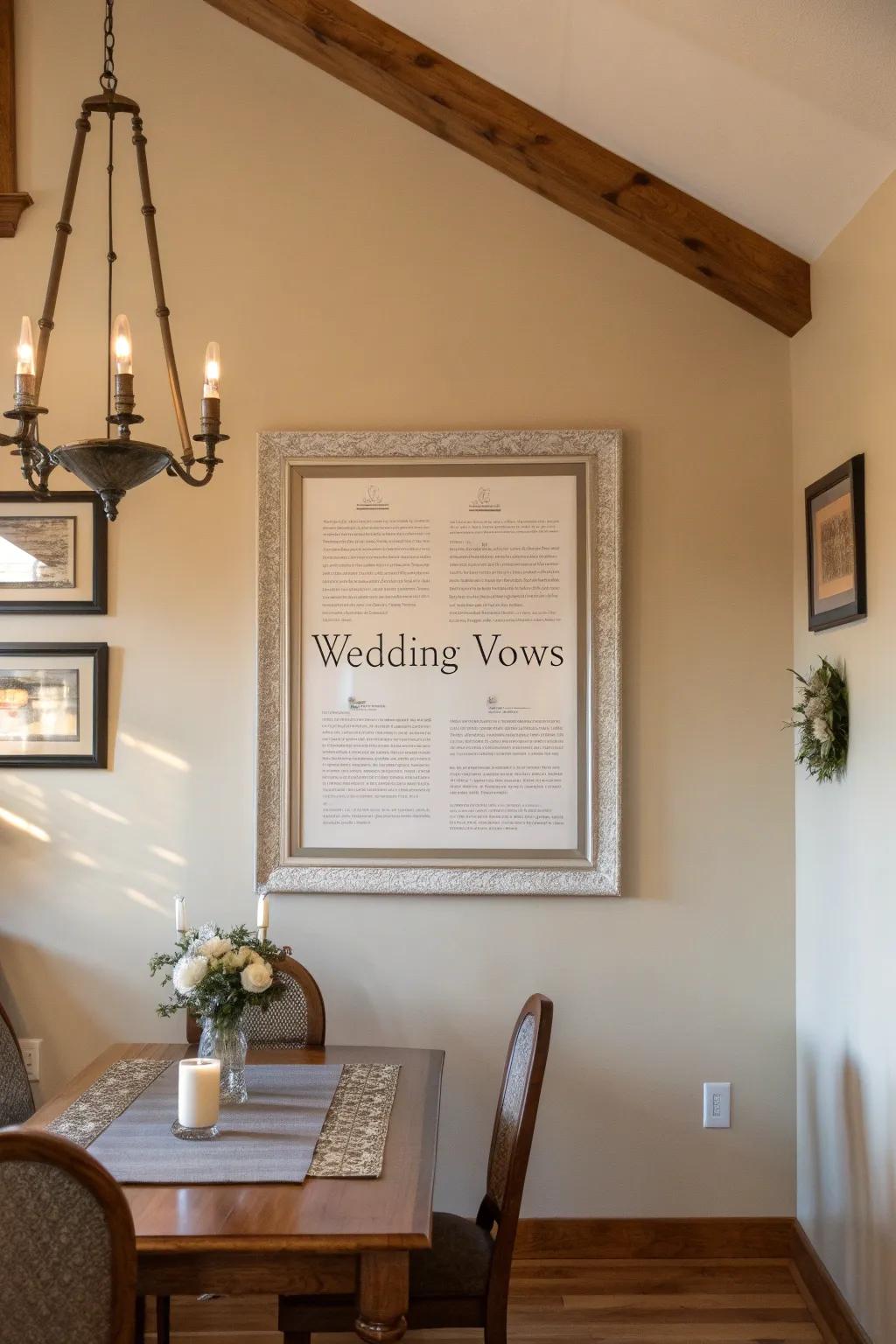 Modern floating frame of vows adding elegance to a dining room.