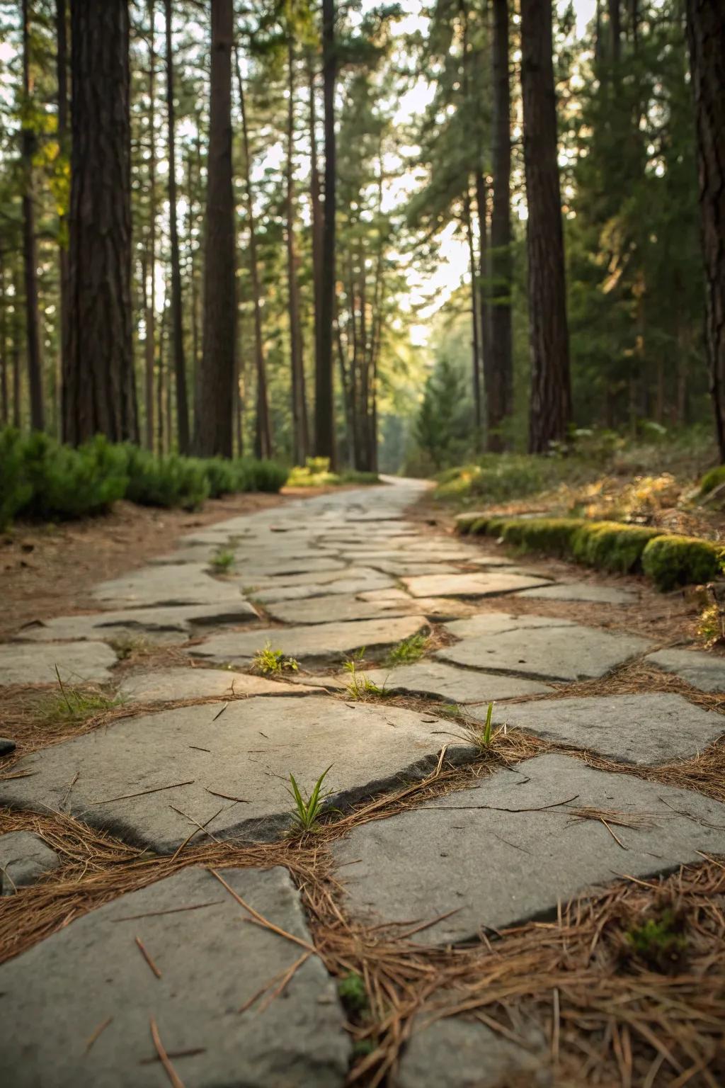 Pine needles add a woodland charm to flagstone paths.