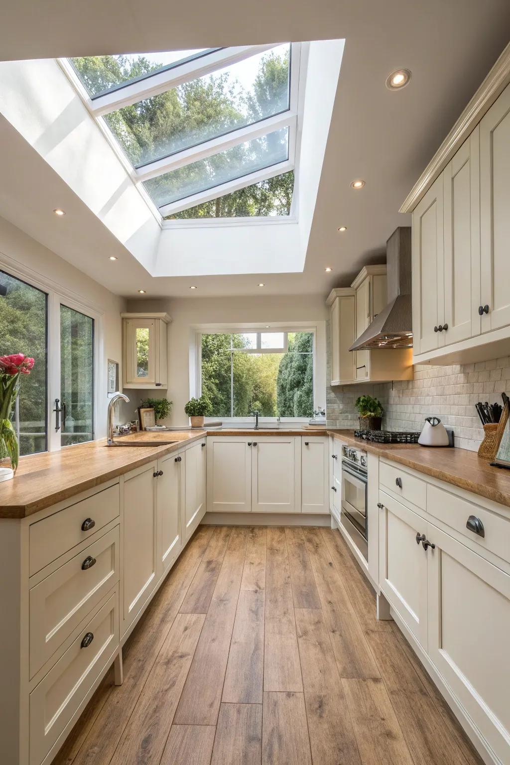 A skylight brings abundant natural light into the kitchen.