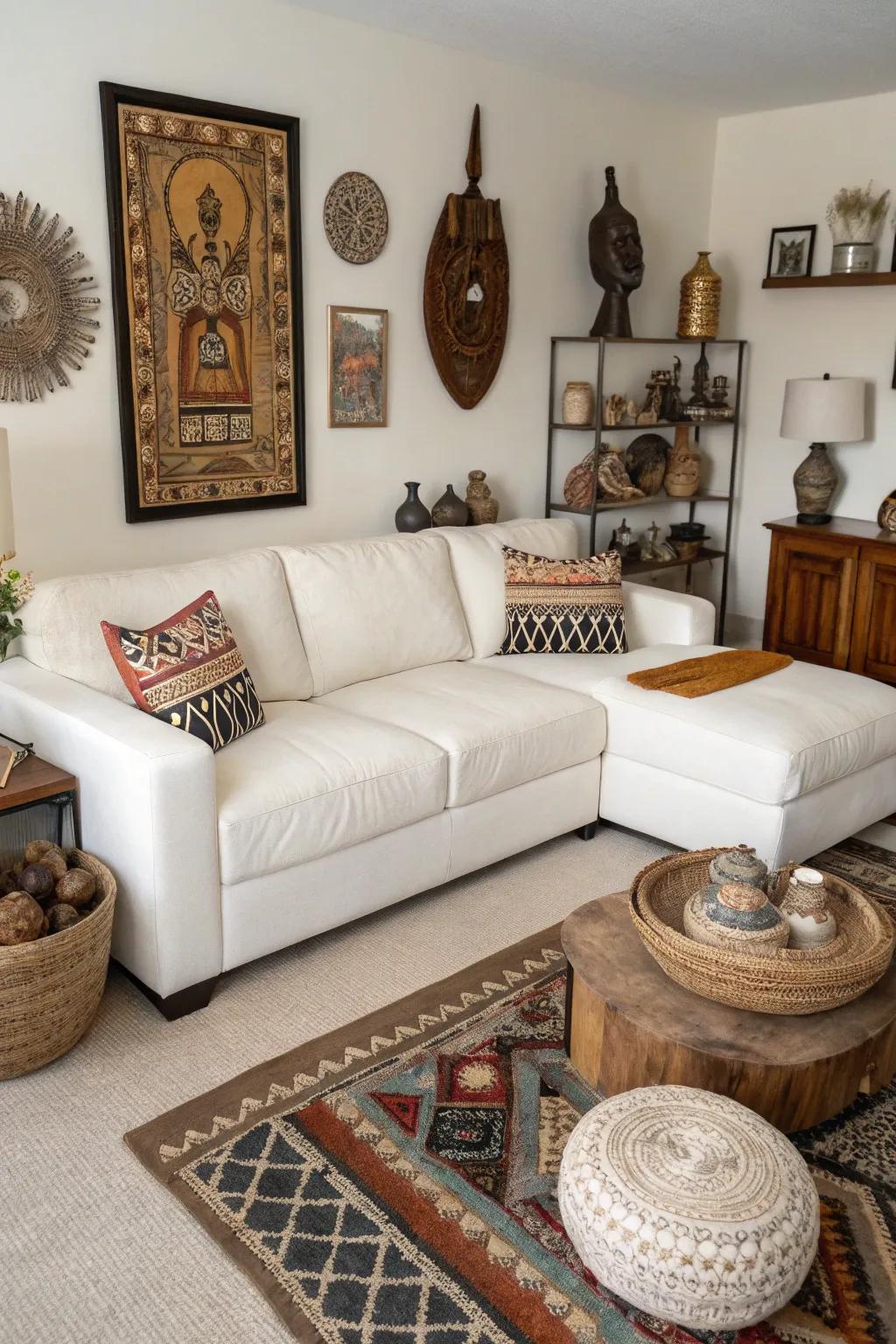 Cultural artifacts add a personal story to a living room with a white sectional.