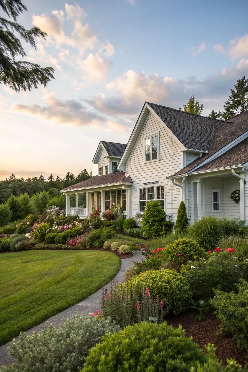 A house with white vinyl siding embraced by vibrant, nature-inspired landscaping.