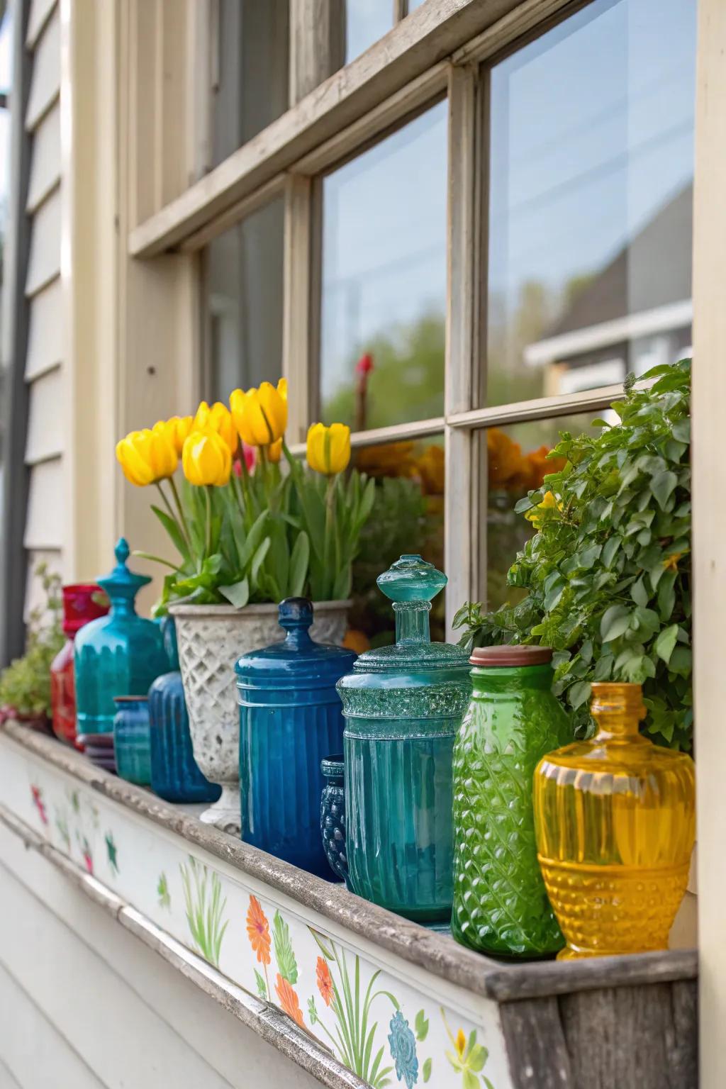 A vibrant collection of glass jars in a window box