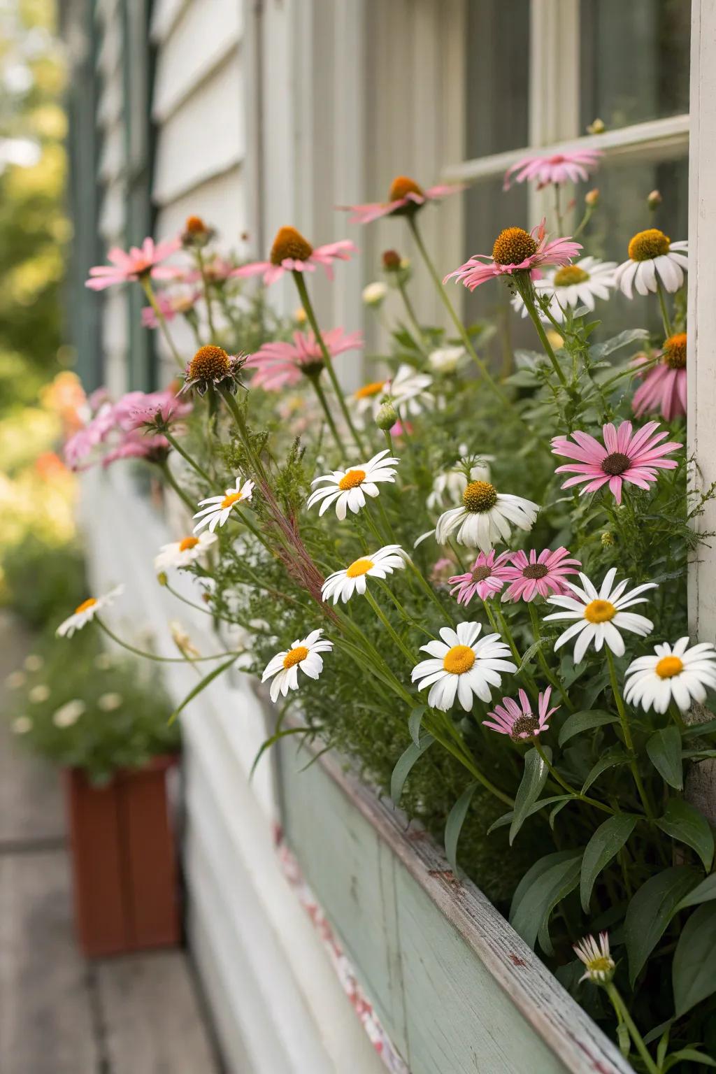 A carefree wildflower meadow with daisies and coneflowers.