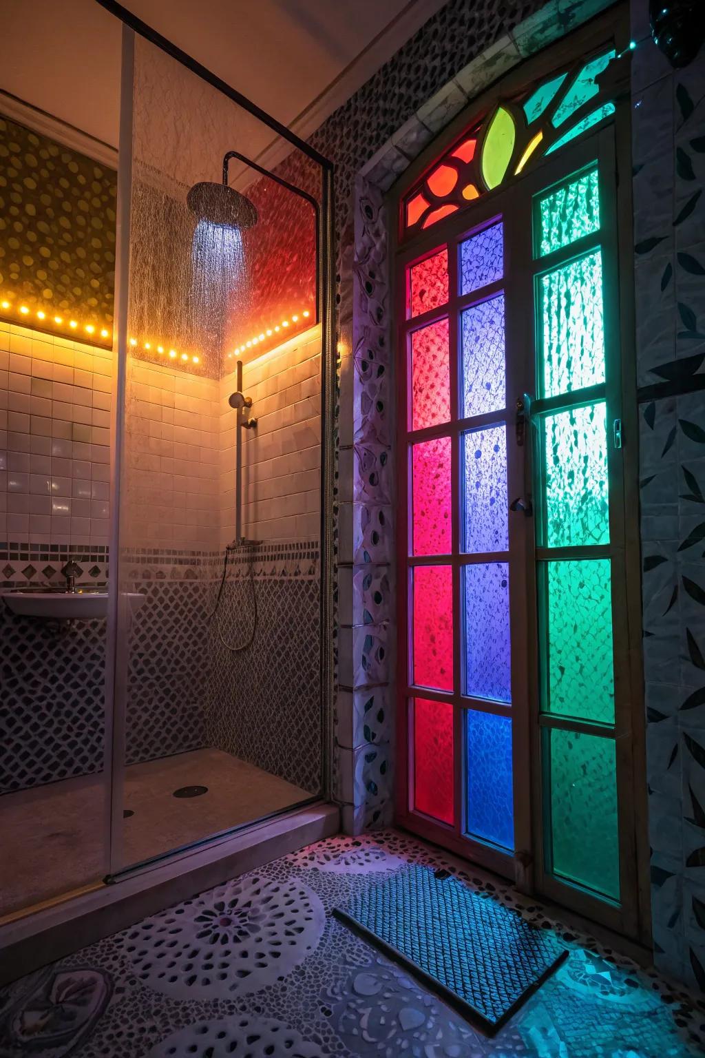 Colored glass brings unique lighting effects and mood to the shower.