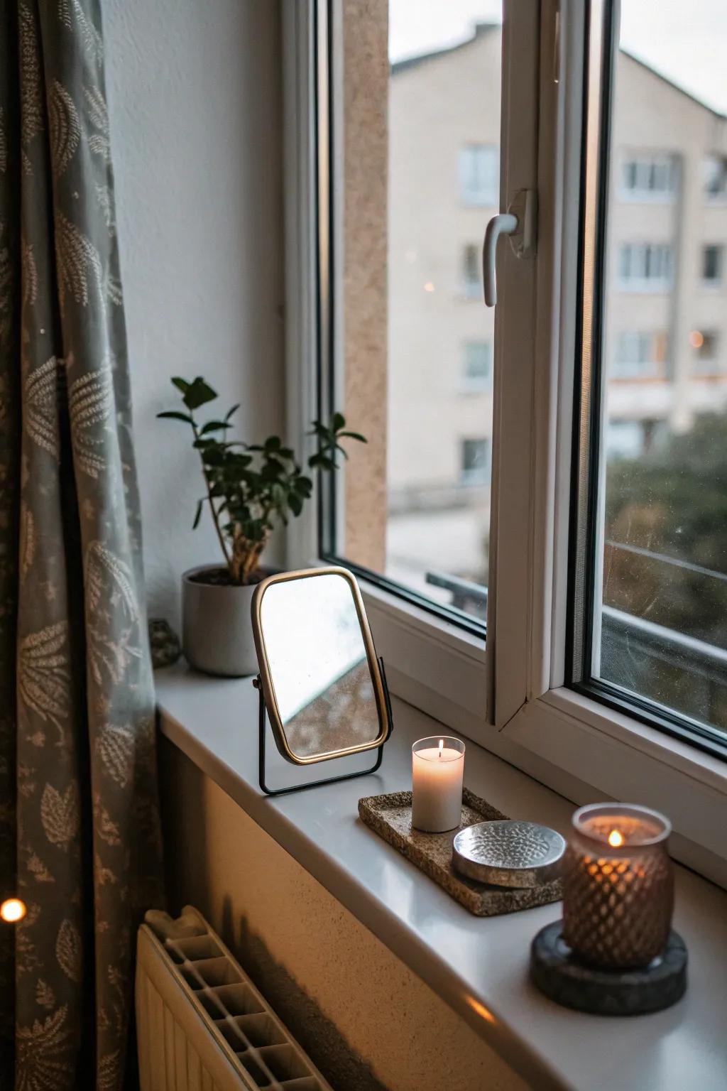 A small mirror on the window sill adds depth and reflects light.