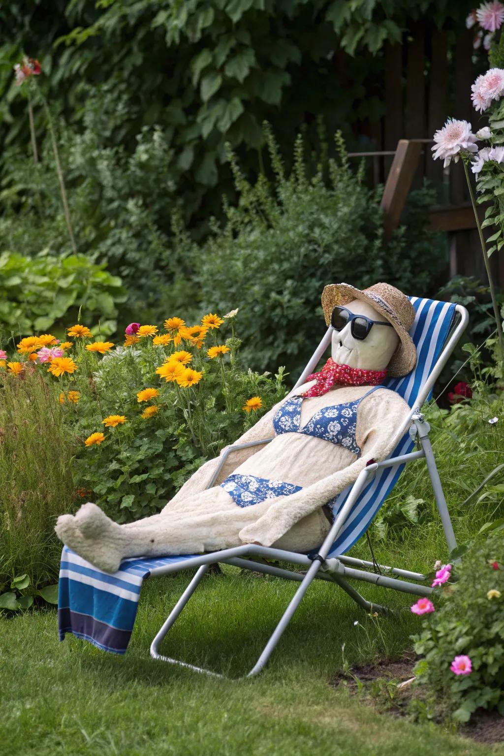 A beach bum scarecrow soaking up the sun.