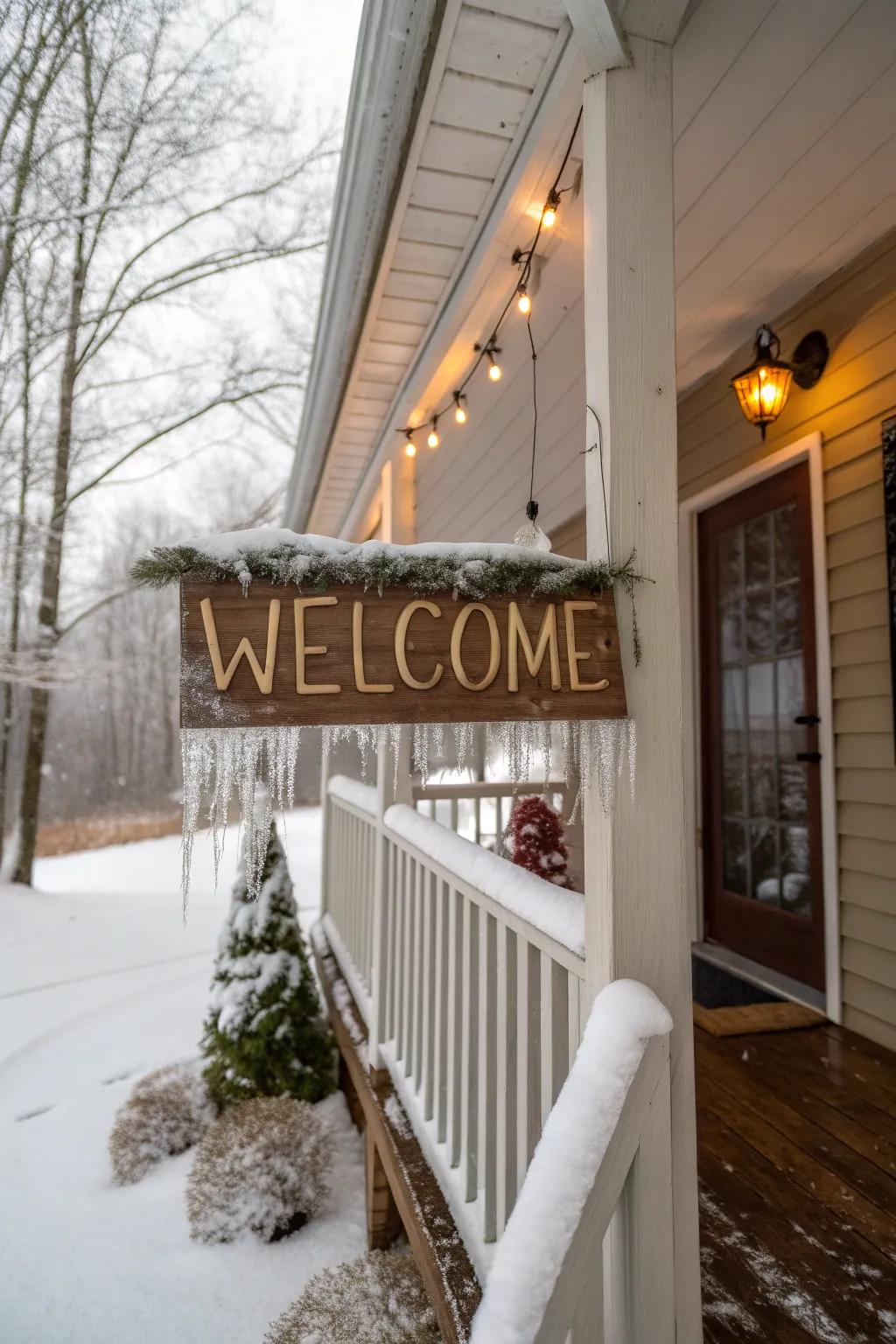 A seasonal welcome sign greets guests warmly on this winter porch.