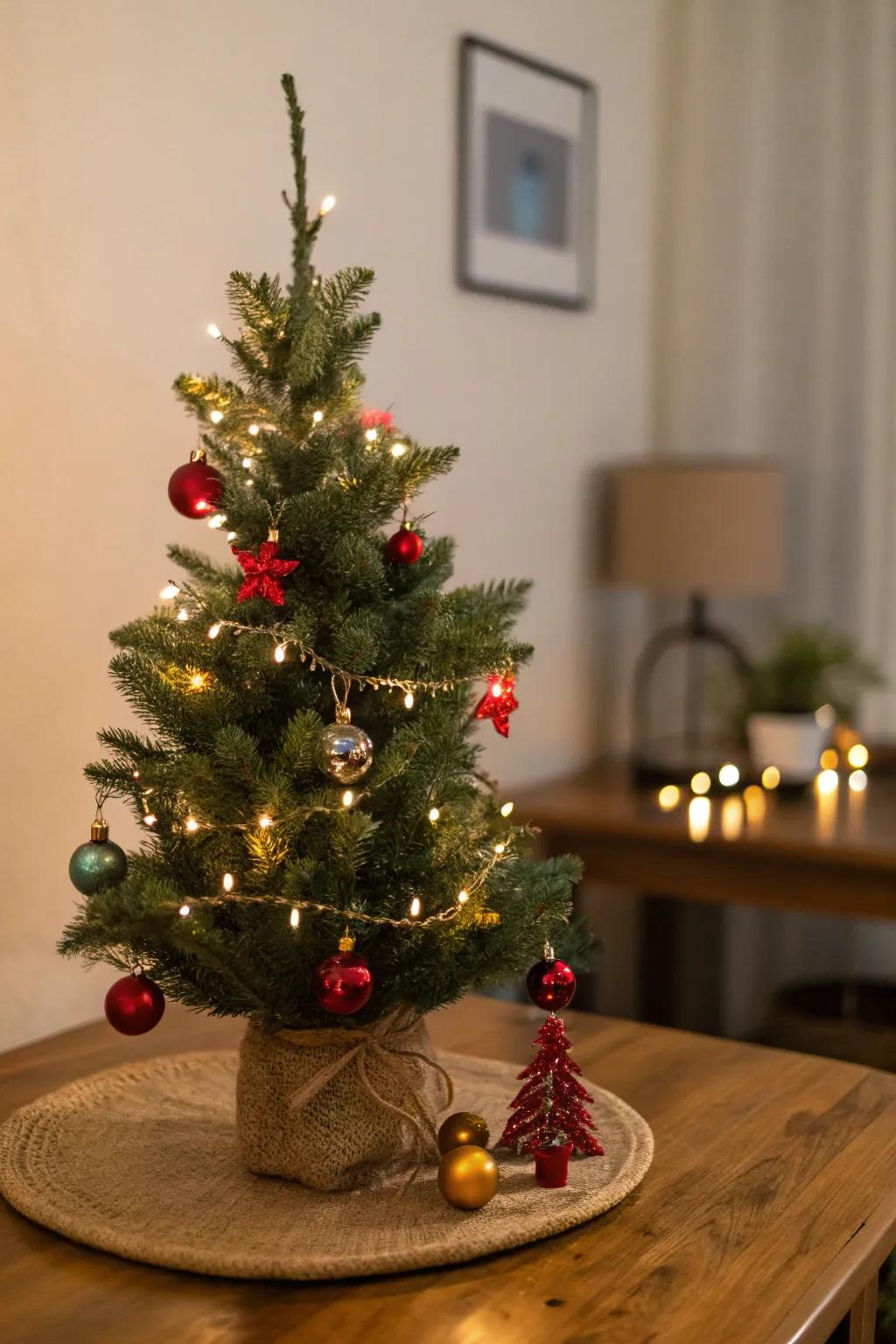 A tabletop holiday tree brings festive cheer to small spaces.