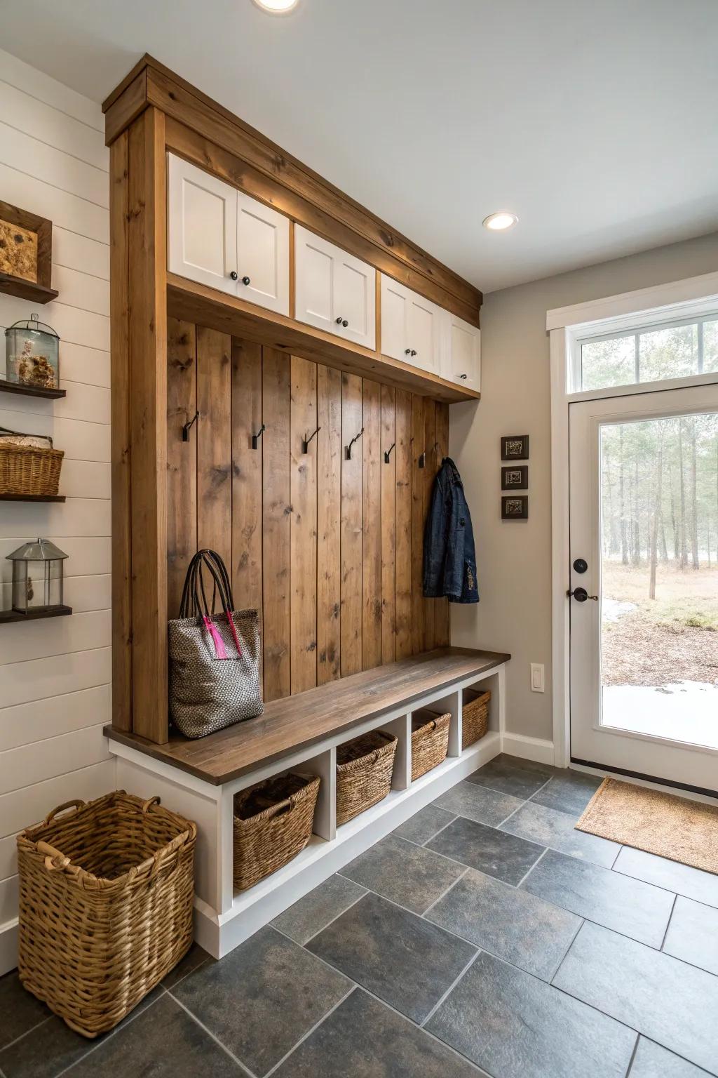 A mudroom combining style and function with a wood accent wall.