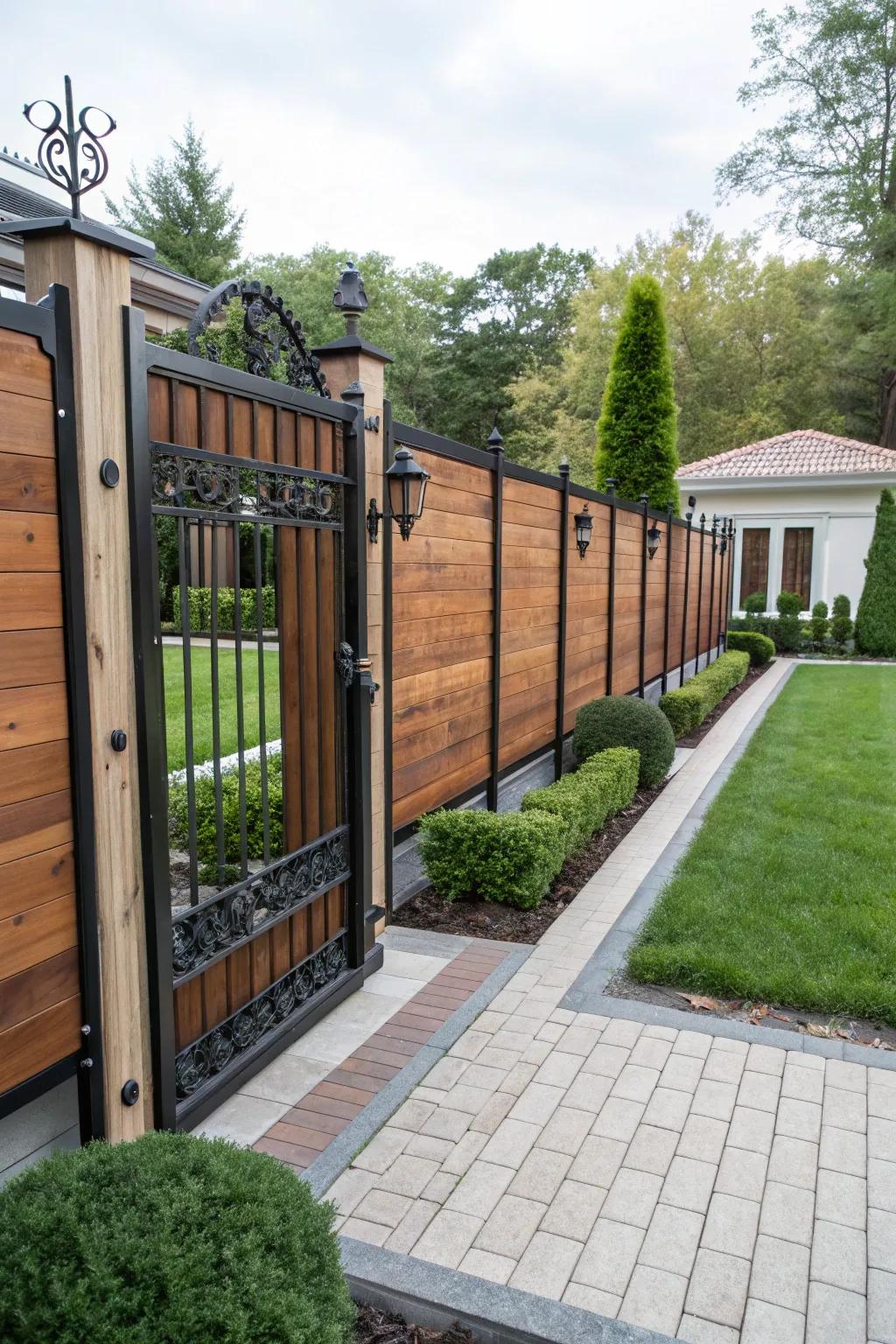 A bold, eye-catching fence with wide wood planks and metal accents.