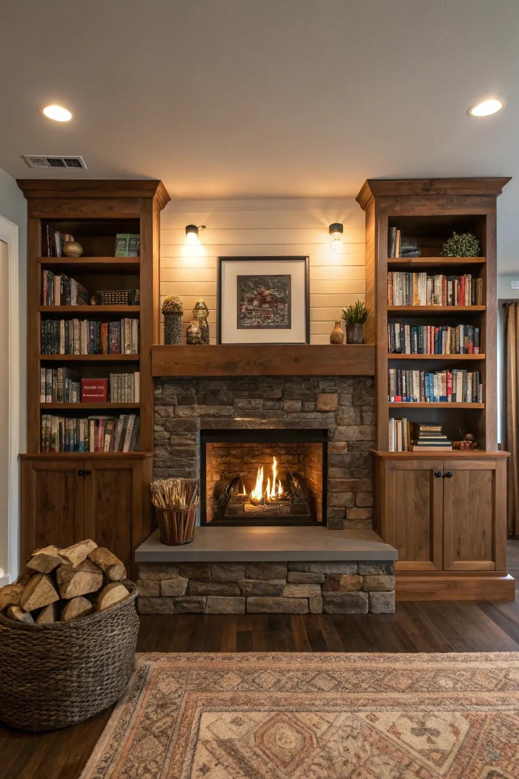 A cozy library feel with a fireplace and bookshelves.