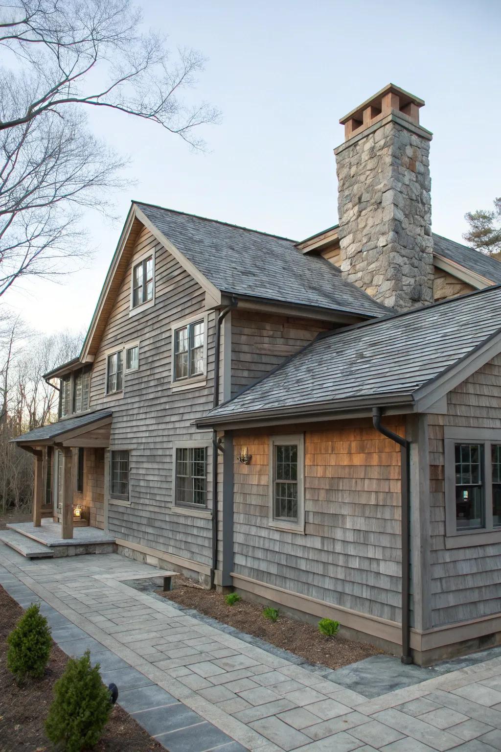 A wooden house that exudes sophistication with slate tones.