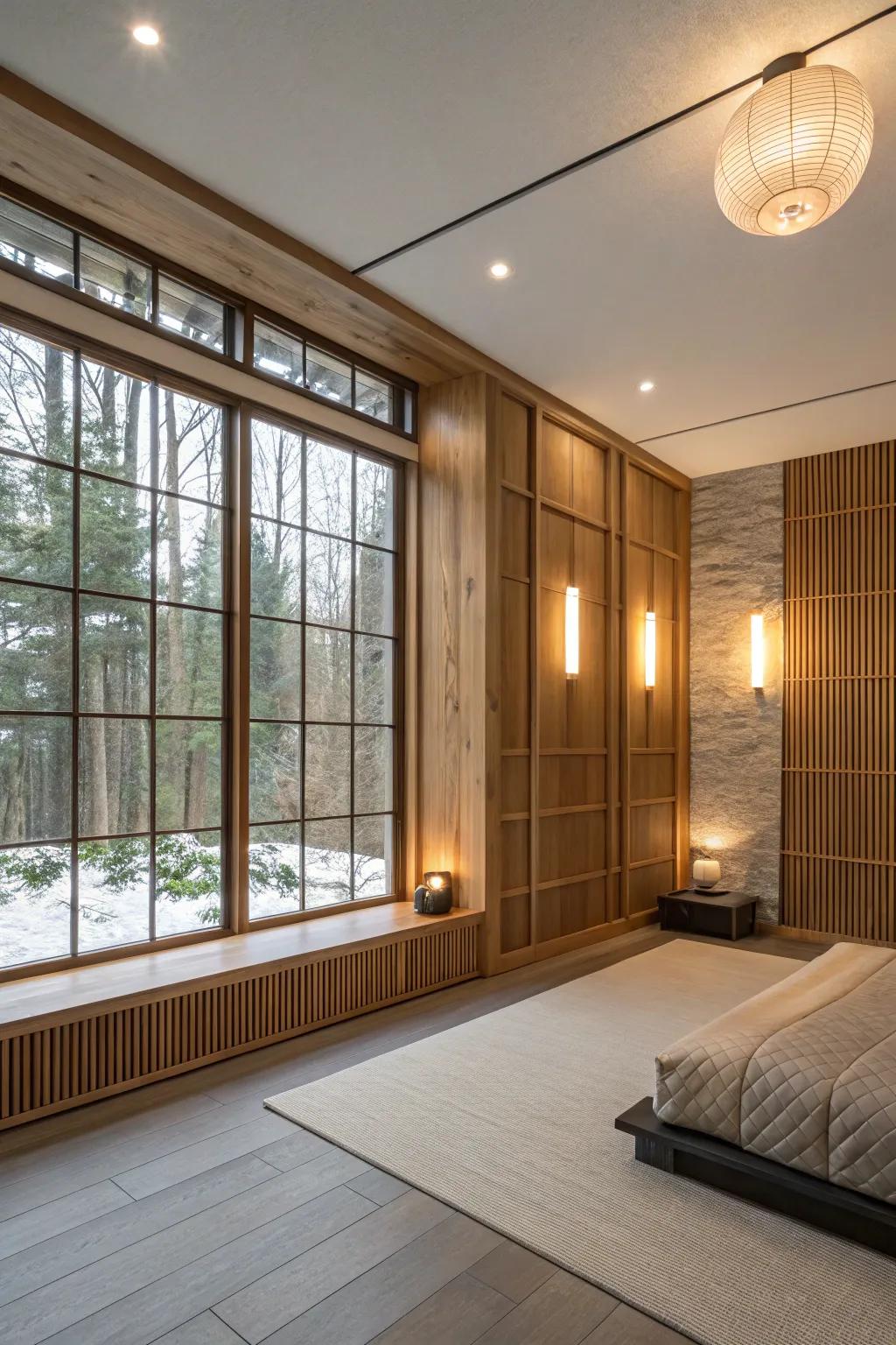 A room featuring innovative floating wood panels.