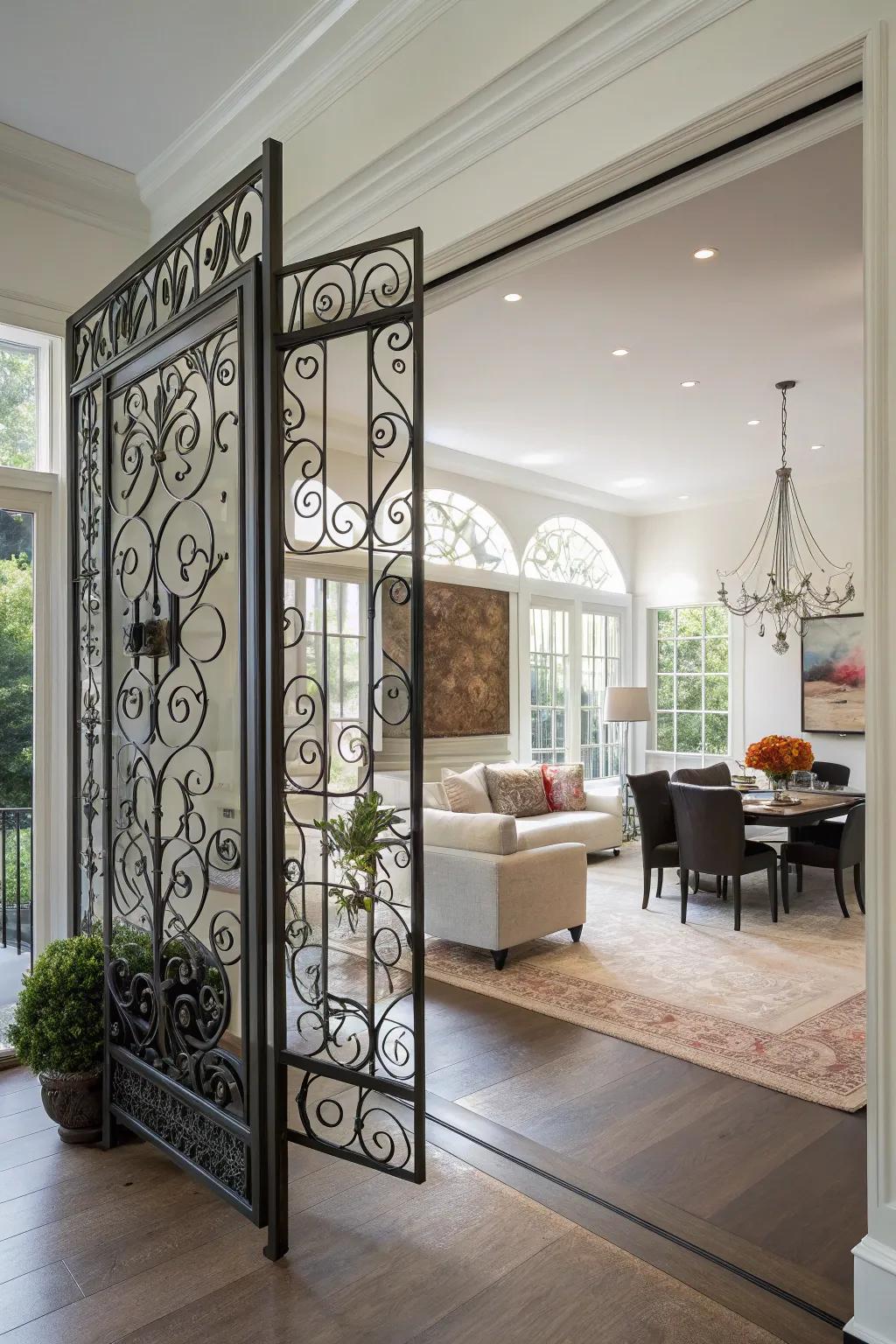 Wrought iron dividers elegantly define living spaces.