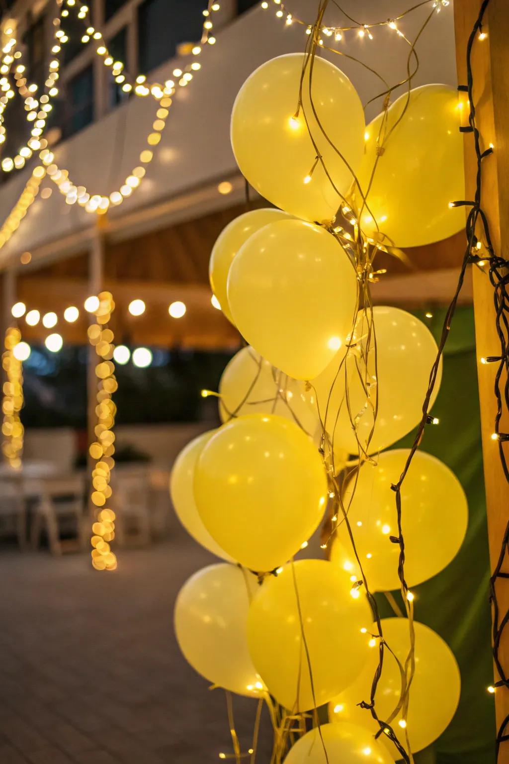 Enchanting glow with yellow balloons and string lights.