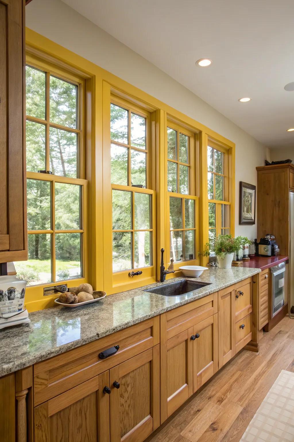 Yellow window frames add a subtle yet cohesive touch to the kitchen.