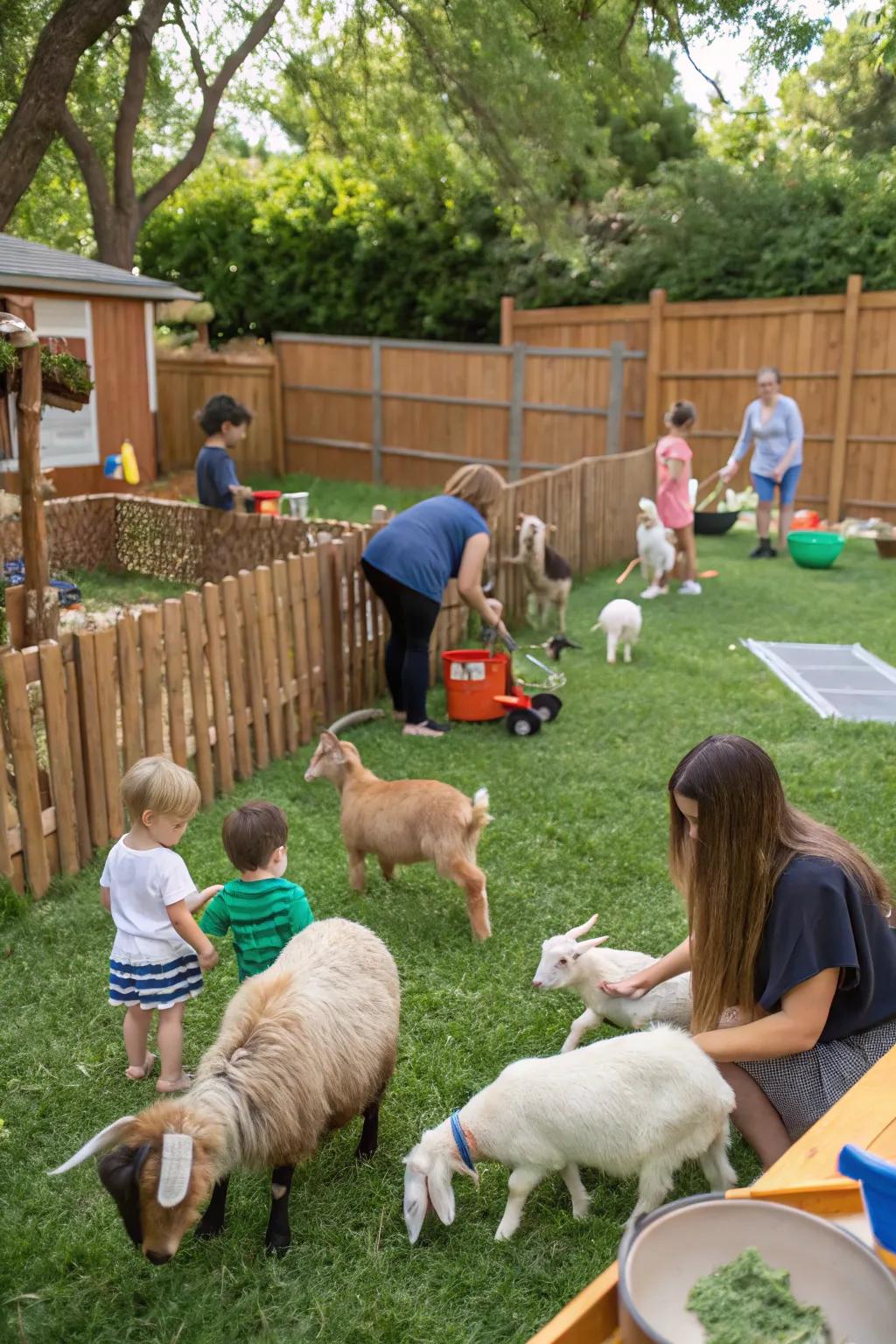 A charming petting zoo setup in the backyard with friendly animals.