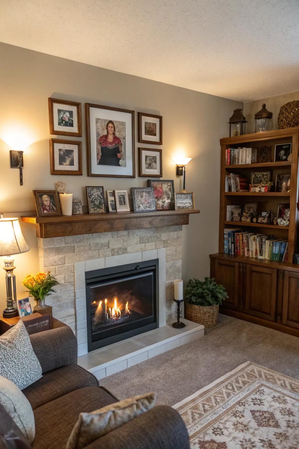 Personal mementos create a meaningful and unique display above the fireplace.