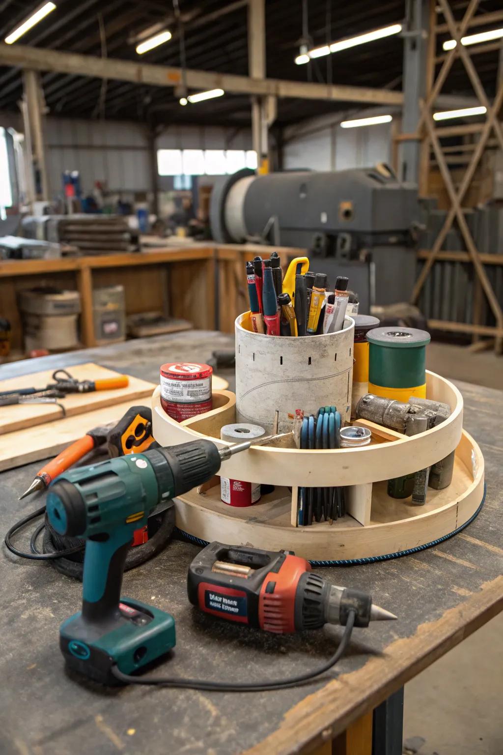 Fun and functional Lazy Susan organizer for easy tool access.