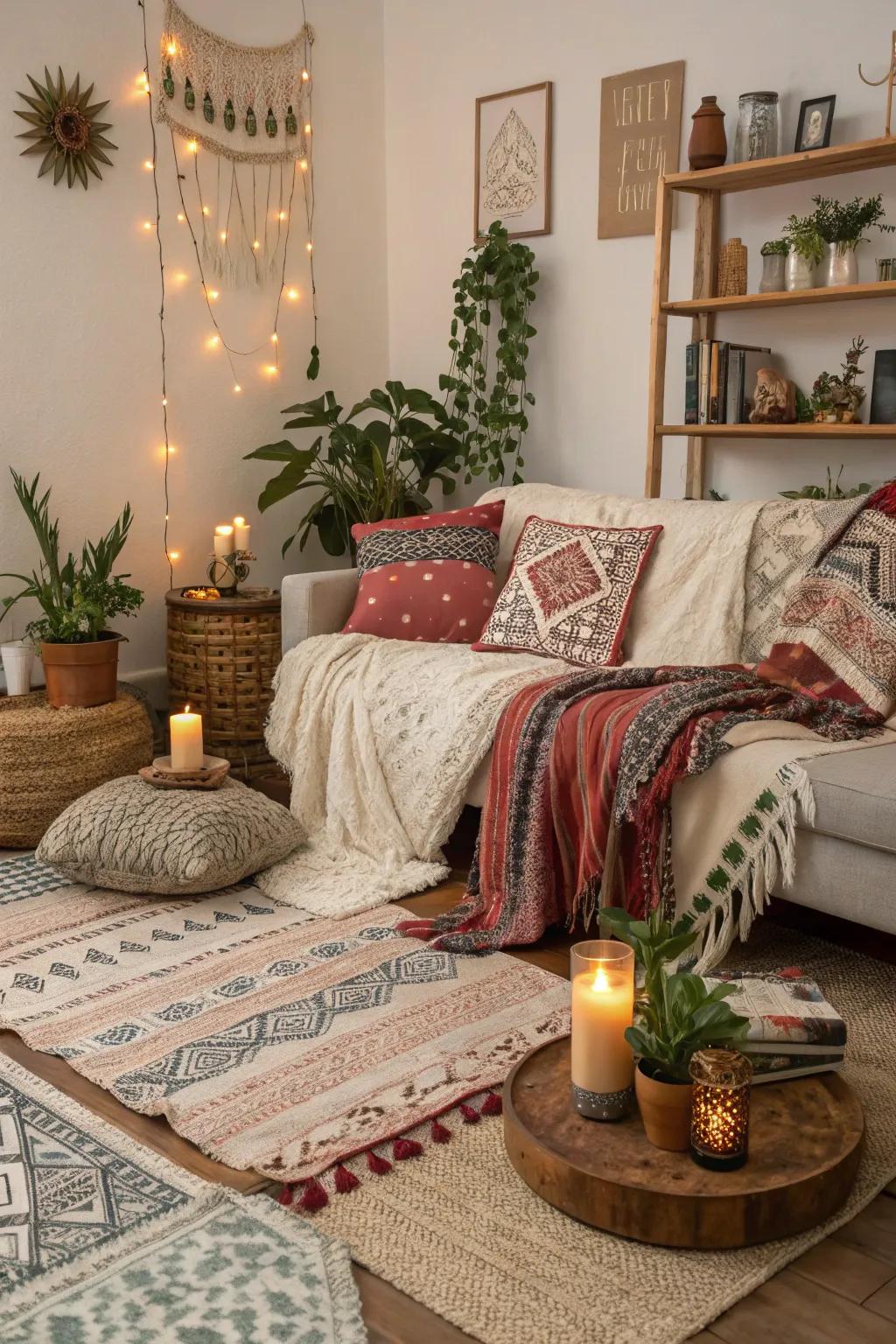 Boho accents bring a whimsical and inviting atmosphere to this living room.