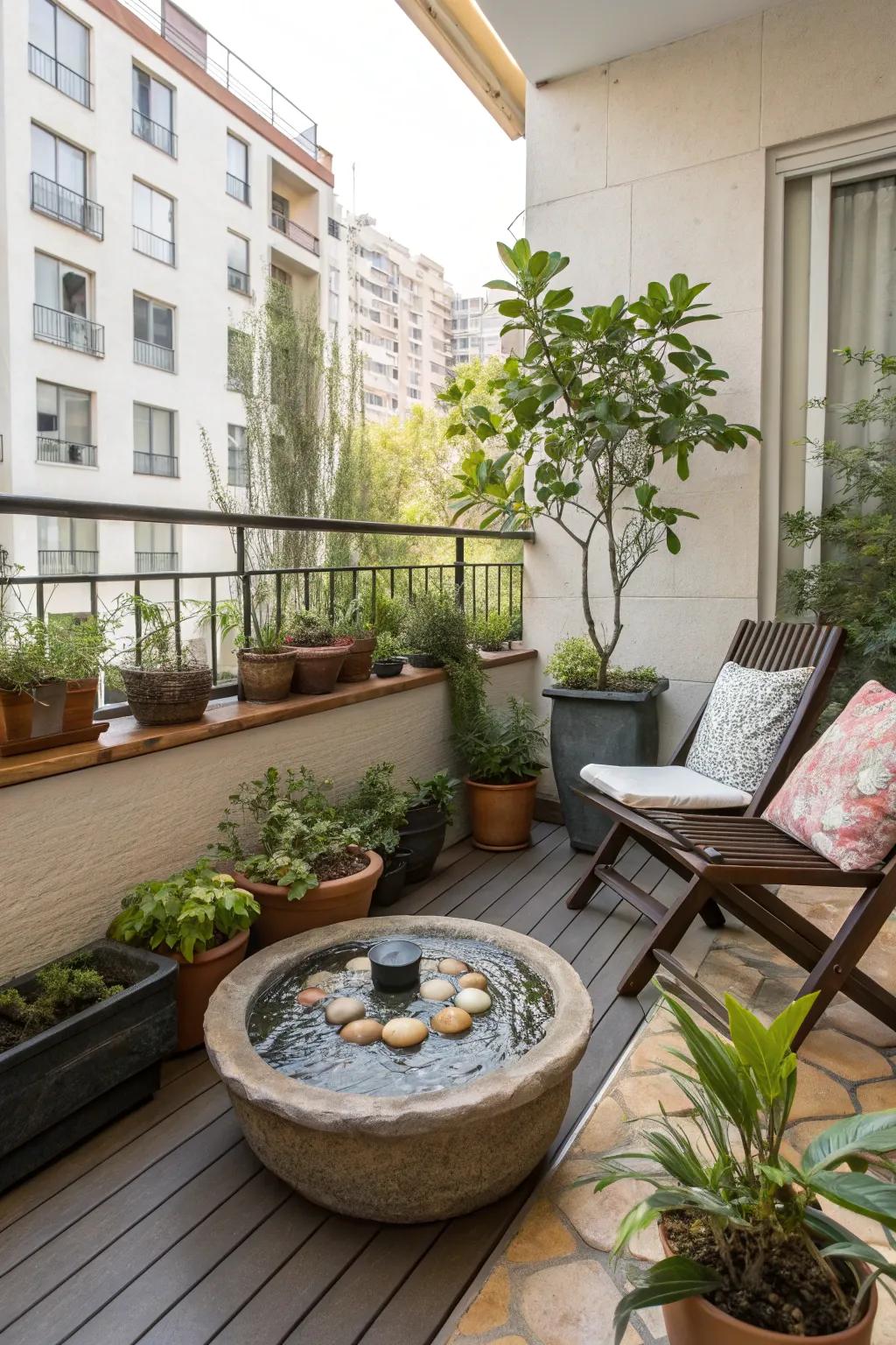 A water feature adds tranquility and ambiance.