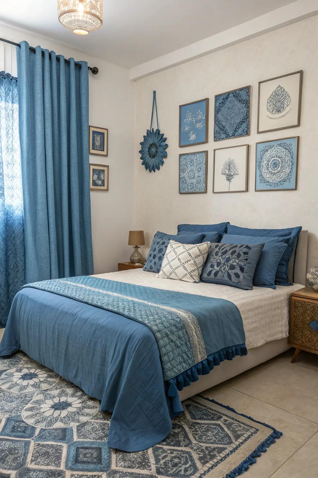 Layered blue tones create depth and cohesion in a serene bedroom.