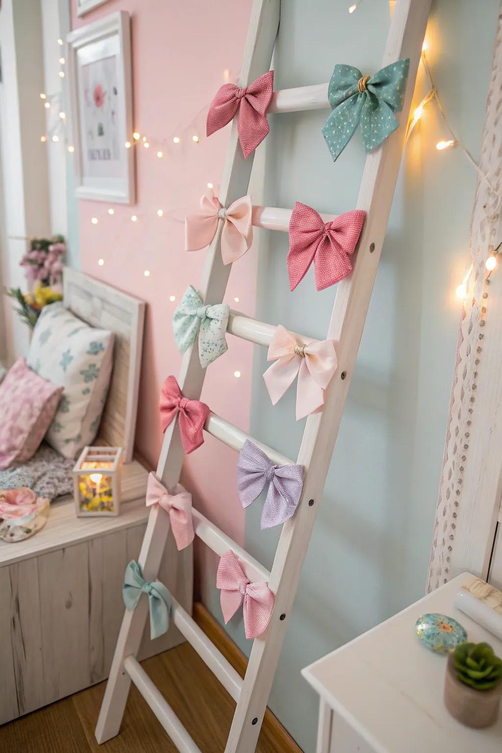 Artistic ladder display for showcasing baby bows.