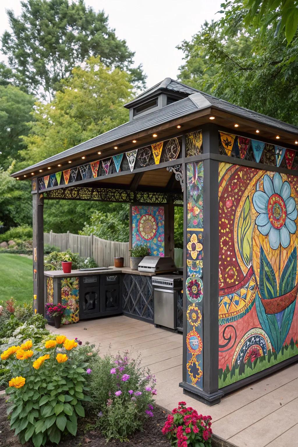 A creative masterpiece: art-inspired BBQ shed.