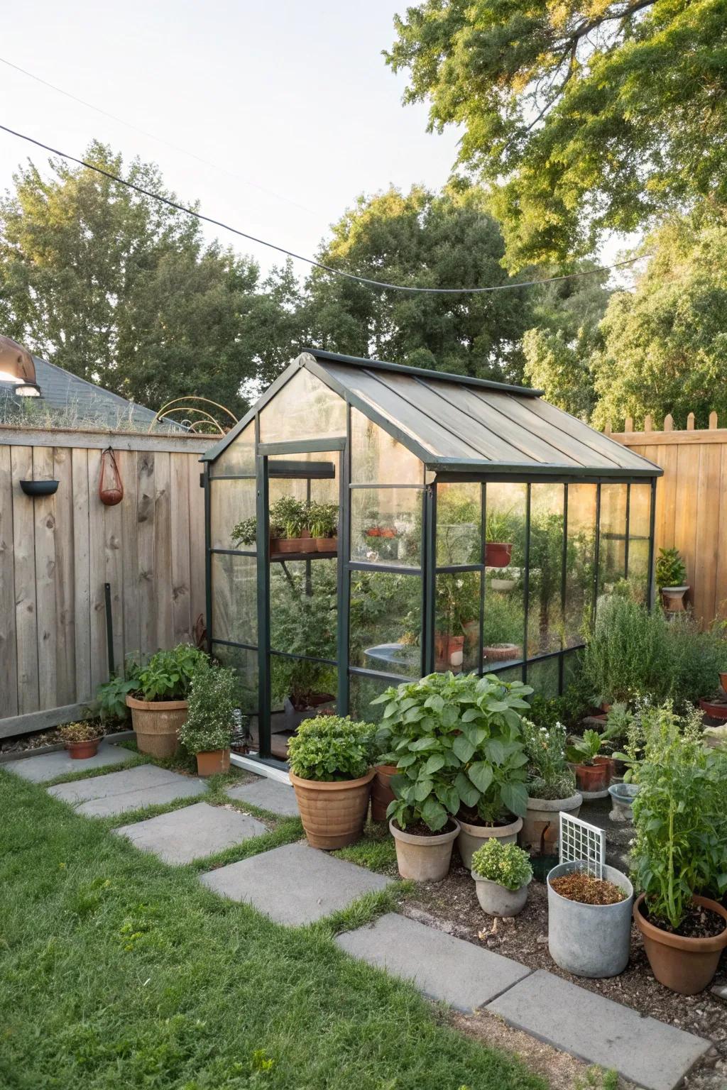 A corner greenhouse extends gardening into all seasons.