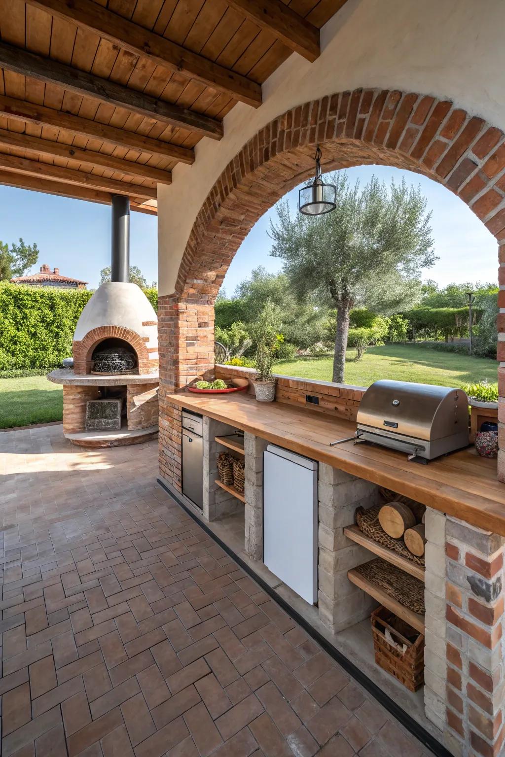 A brick archway with a pizza oven adds rustic charm to your kitchen.