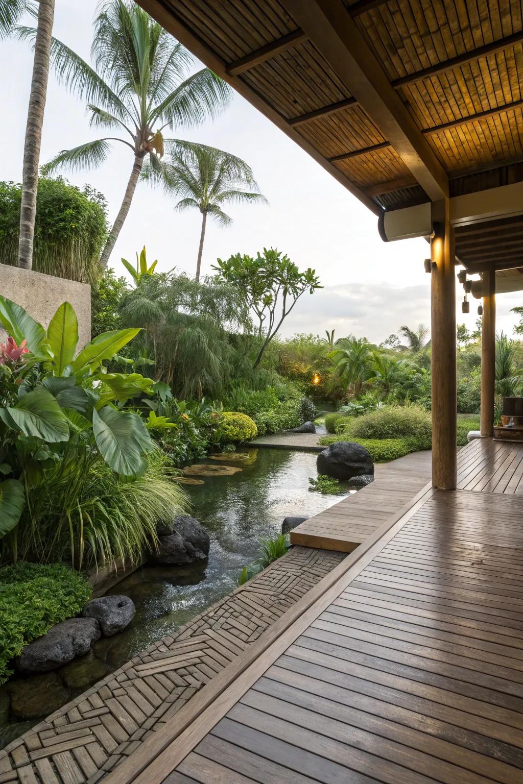 Bamboo flooring offers an eco-friendly and tropical patio atmosphere.