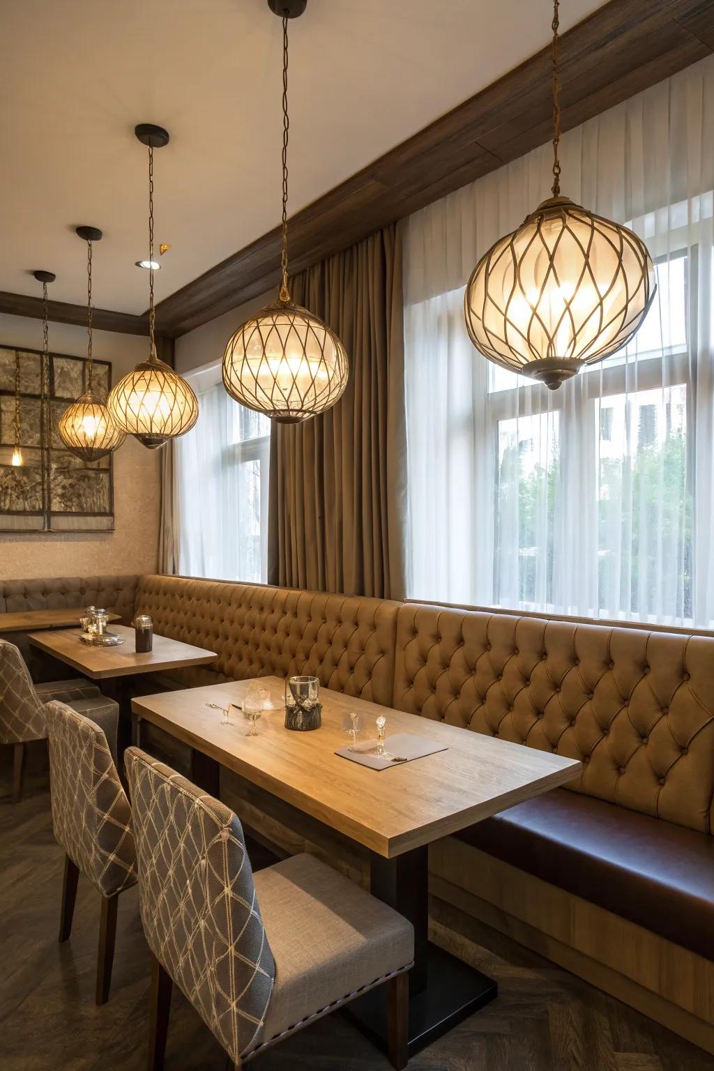 A dining room featuring banquette seating illuminated by unique pendant lighting.