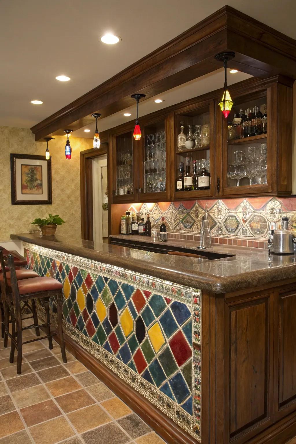 A home bar with a tile backsplash featuring colored grout accents.