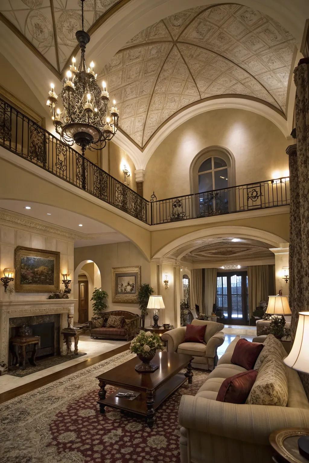 A dramatic living room with a multi-level barrel ceiling as the focal point.