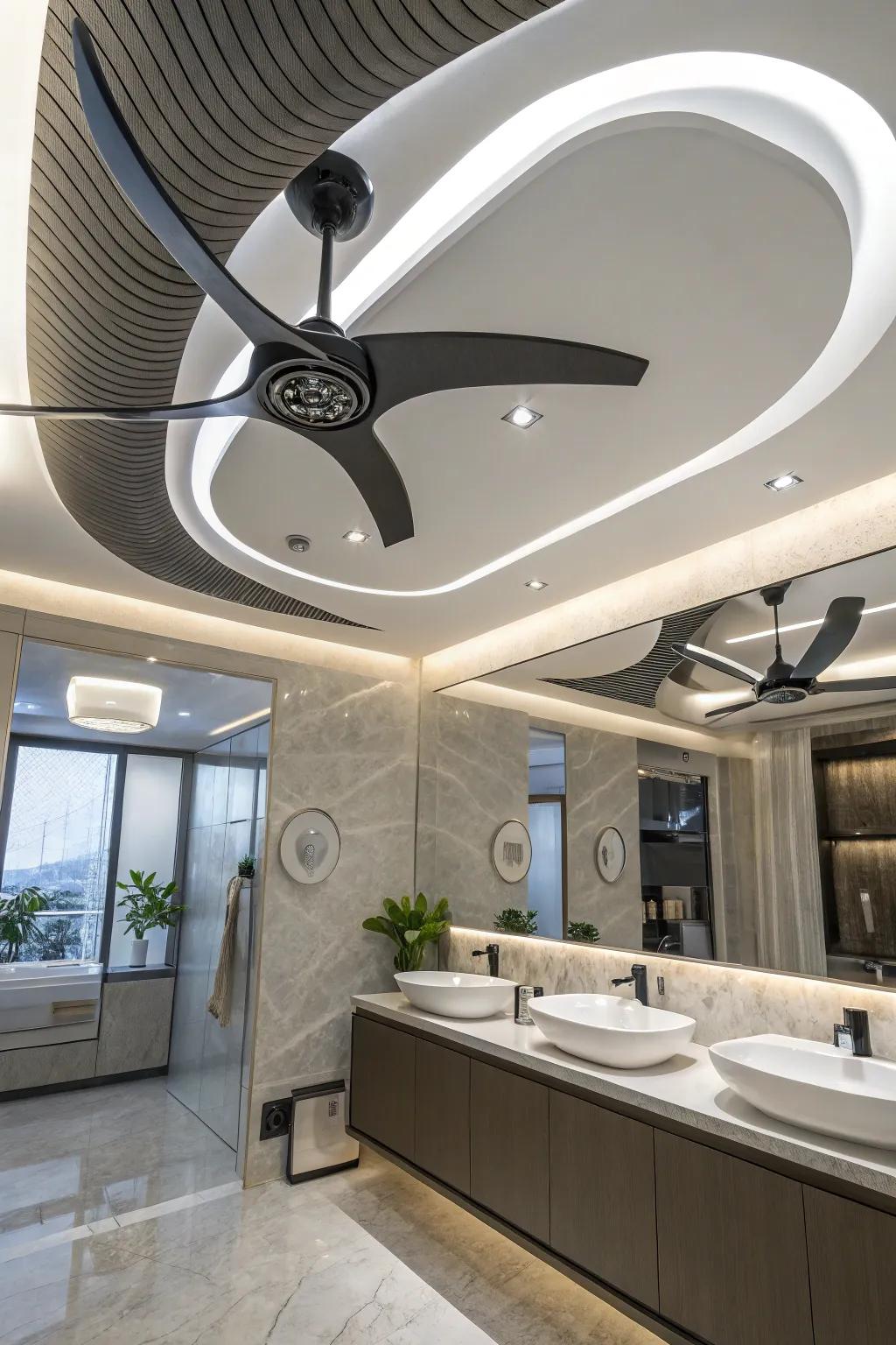 A futuristic bathroom with an ultra-modern ceiling fan.