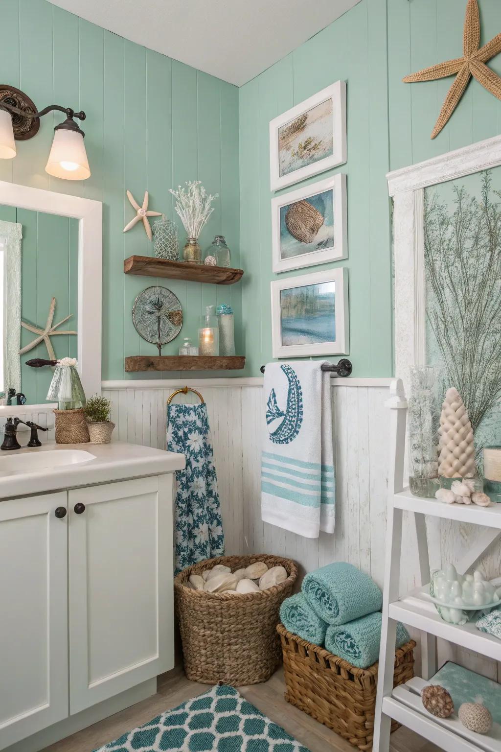 Seafoam green walls provide a refreshing coastal vibe.