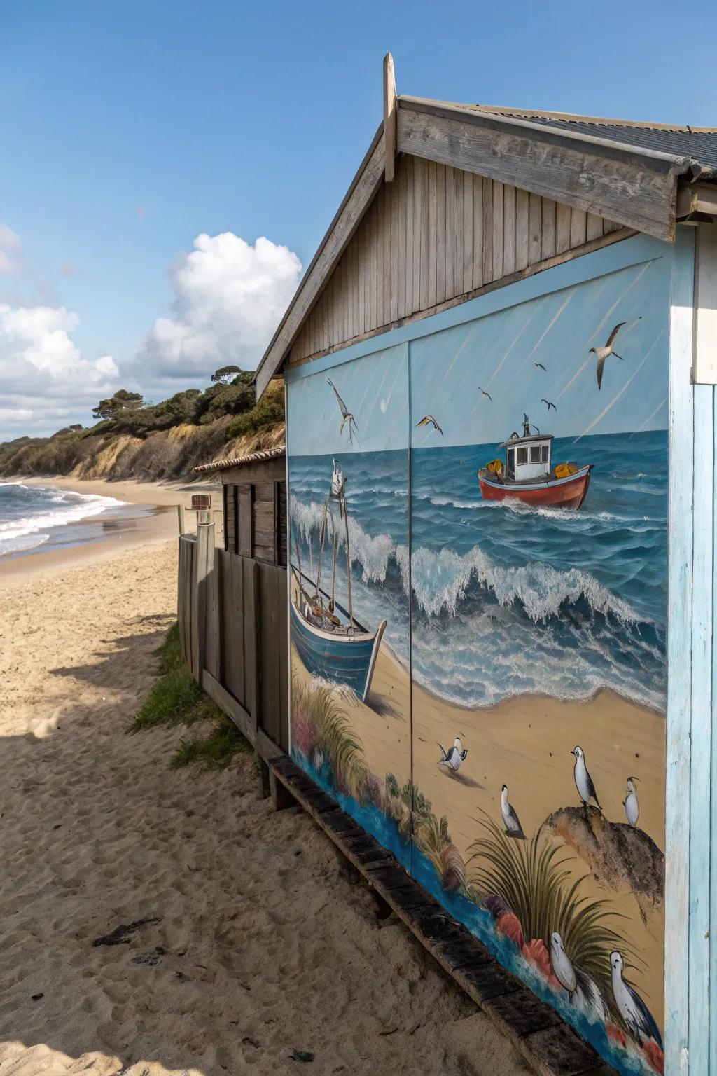 A coastal mural transforms a beach shed wall into a work of art.