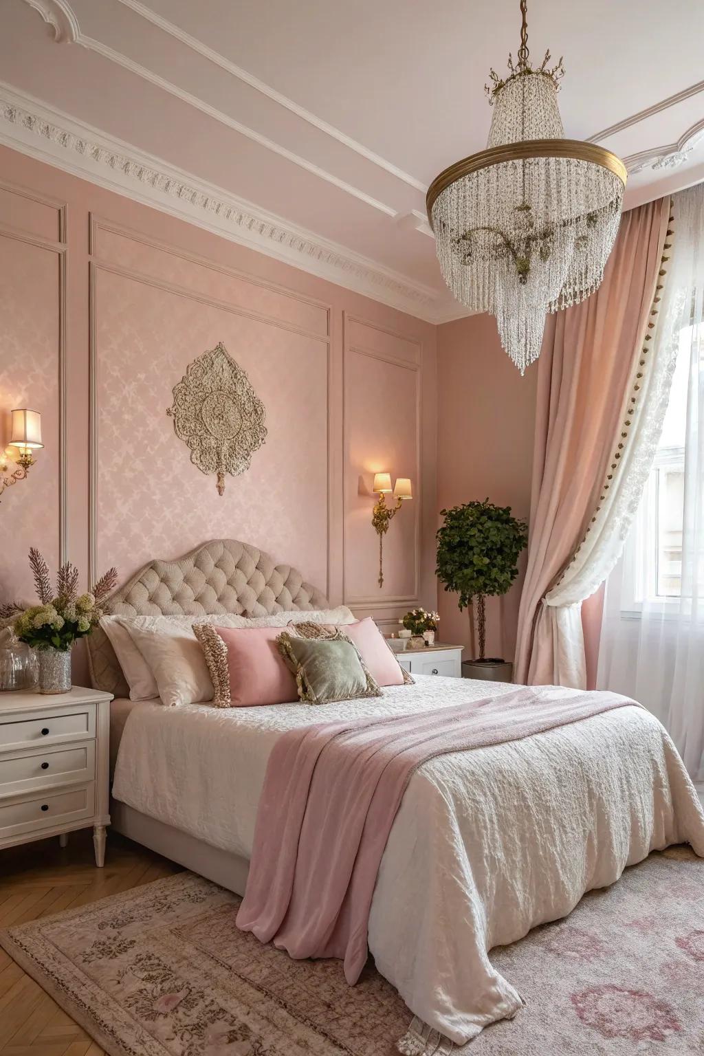 Blush pink brings a soft, elegant touch to this bedroom.