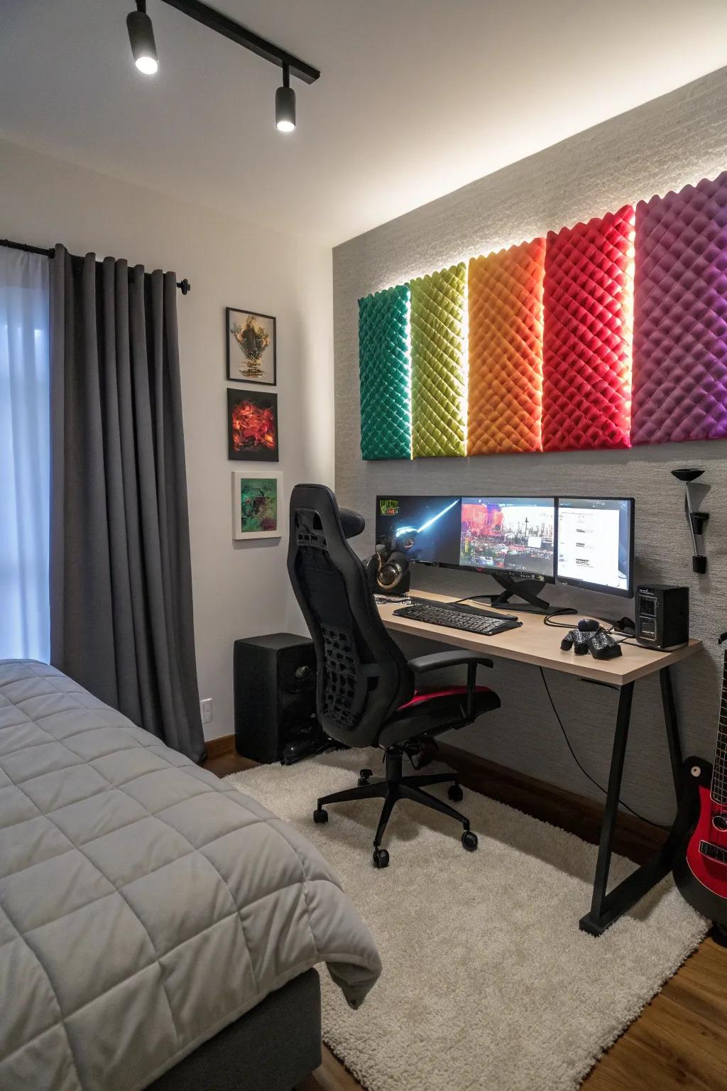 Acoustic panels enhance sound quality for gaming.