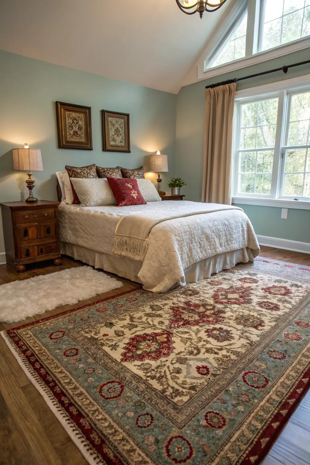 Area rugs add texture and warmth to this inviting bedroom.